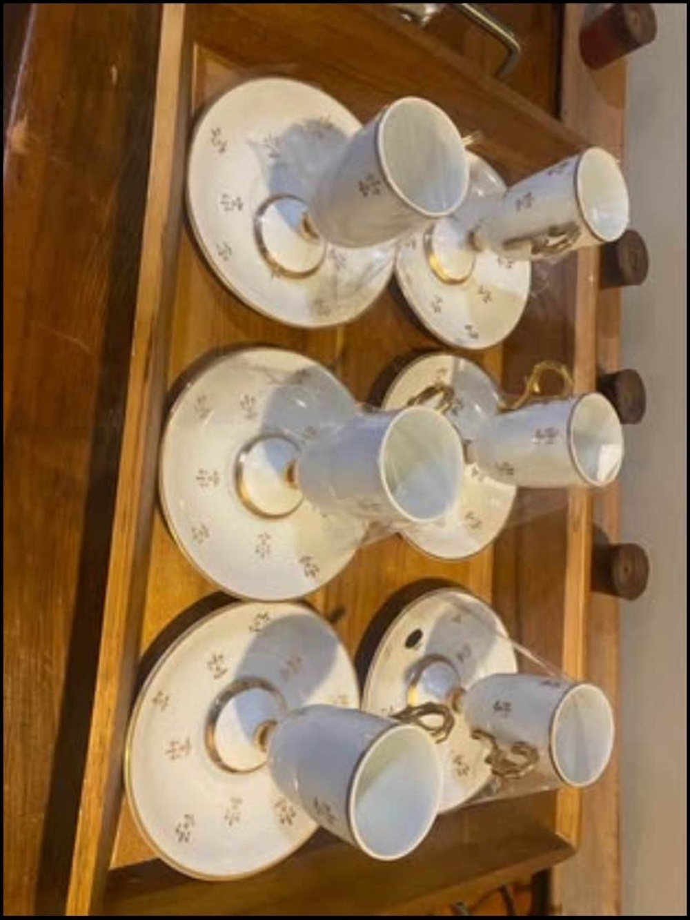 Elegant White and Gold Porcelain Demitasse Cup and Saucer Set - 6pcwith 3 trays
